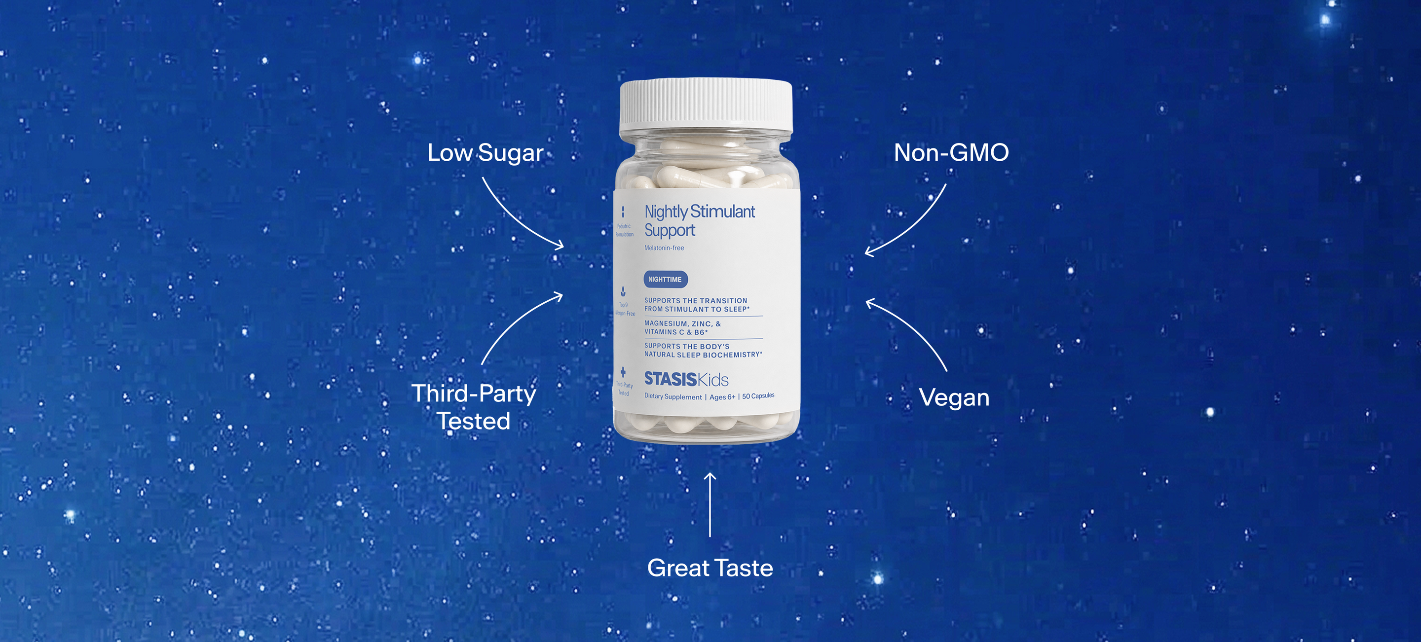 Stasis Kids Nightly gummy bottle with product callouts on a starry night background