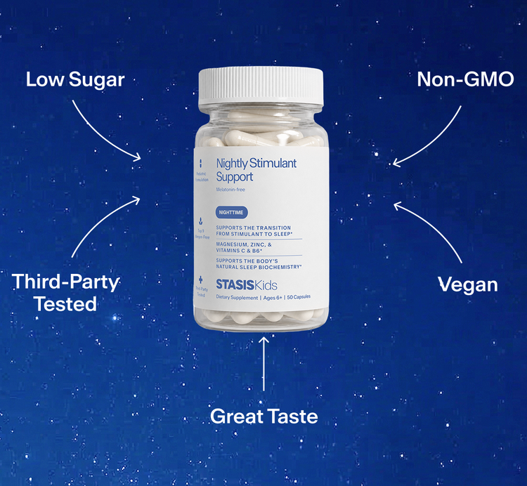 Stasis Kids Nightly gummy bottle with product callouts on a starry night background